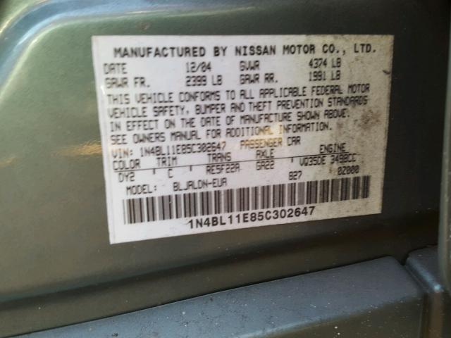 1N4BL11E85C302647 - 2005 NISSAN ALTIMA SE GREEN photo 10