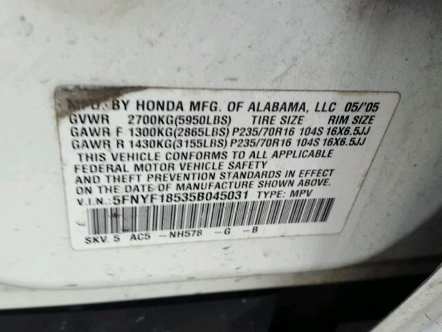 5FNYF18535B045031 - 2005 HONDA PILOT EXL WHITE photo 10