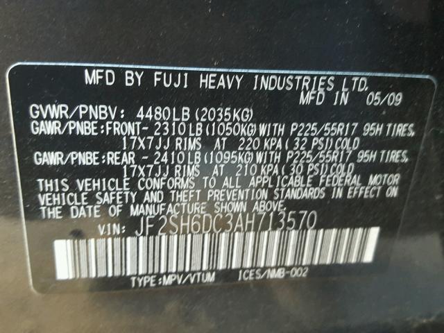 JF2SH6DC3AH713570 - 2010 SUBARU FORESTER 2 BLACK photo 10