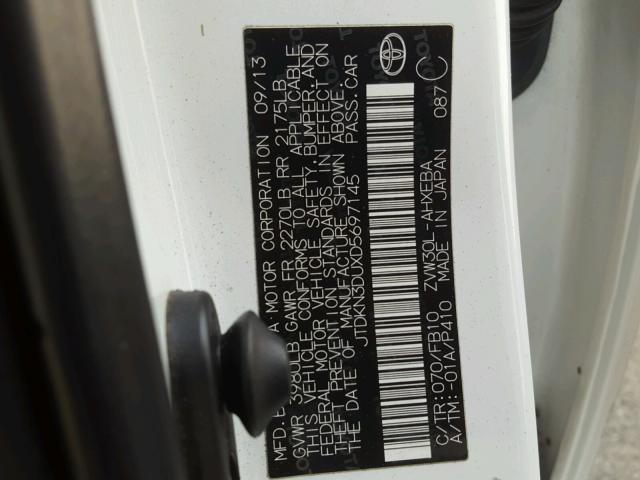 JTDKN3DUXD5697145 - 2013 TOYOTA PRIUS WHITE photo 10