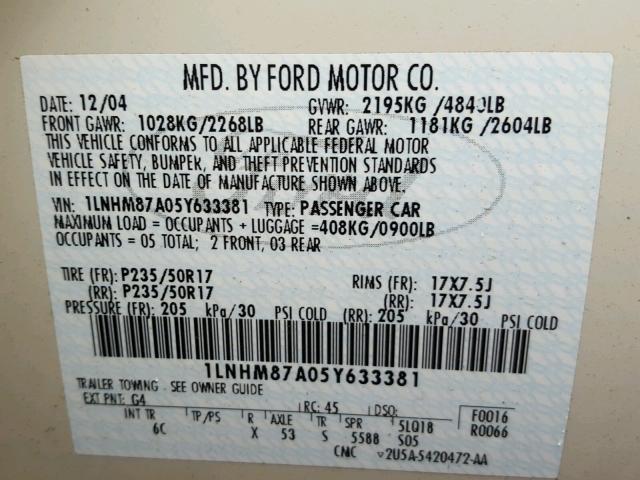 1LNHM87A05Y633381 - 2005 LINCOLN LS CREAM photo 10