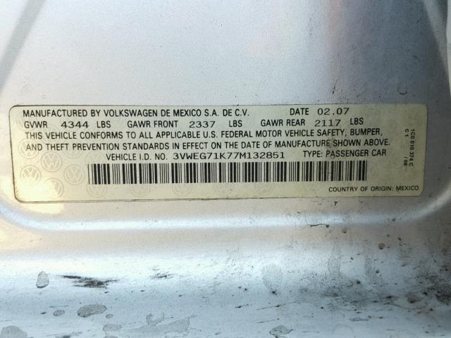 3VWEG71K77M132851 - 2007 VOLKSWAGEN JETTA WOLF SILVER photo 10