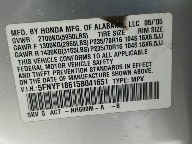 5FNYF18615B041651 - 2005 HONDA PILOT EXL SILVER photo 10