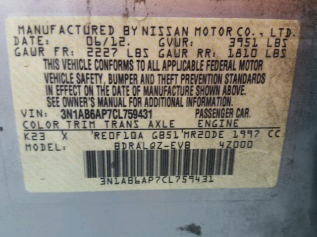 3N1AB6AP7CL759431 - 2012 NISSAN SENTRA 2.0 SILVER photo 10