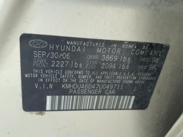 KMHDU46D47U049711 - 2007 HYUNDAI ELANTRA GL GOLD photo 10