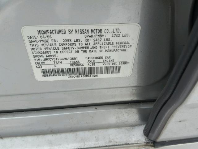 JNKCV51F66M613691 - 2006 INFINITI G35 GRAY photo 10