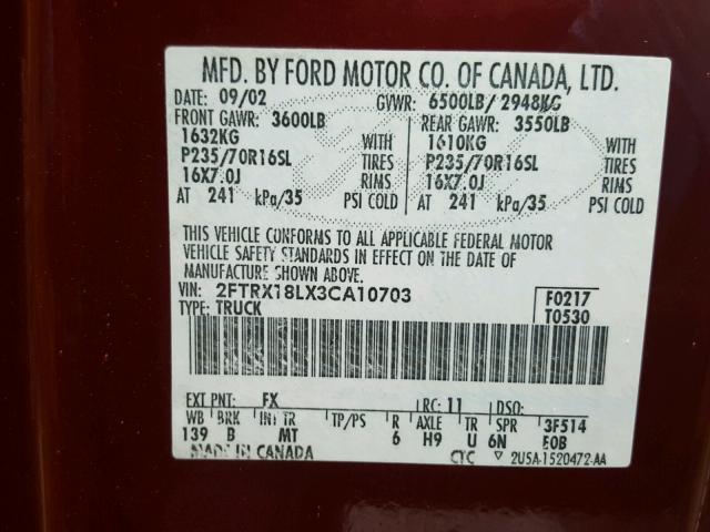 2FTRX18LX3CA10703 - 2003 FORD F150 BURGUNDY photo 10