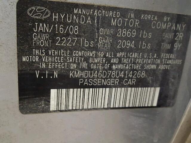 KMHDU46D78U414268 - 2008 HYUNDAI ELANTRA GL SILVER photo 10