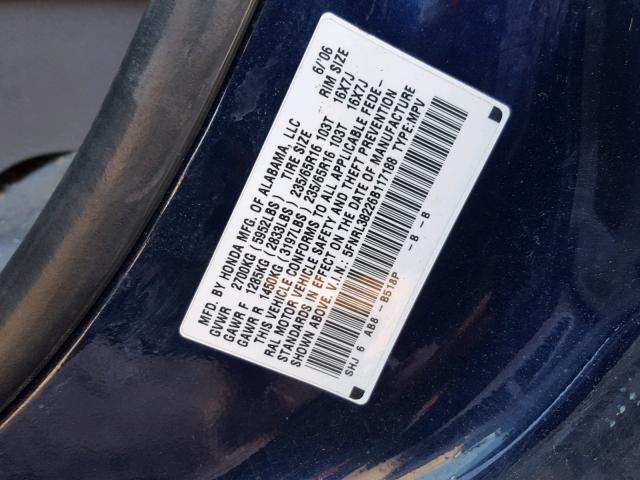 5FNRL38226B117188 - 2006 HONDA ODYSSEY LX BLUE photo 10