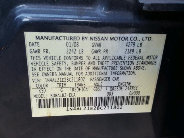 1N4AL21E28C211802 - 2008 NISSAN ALTIMA 2.5 GRAY photo 10