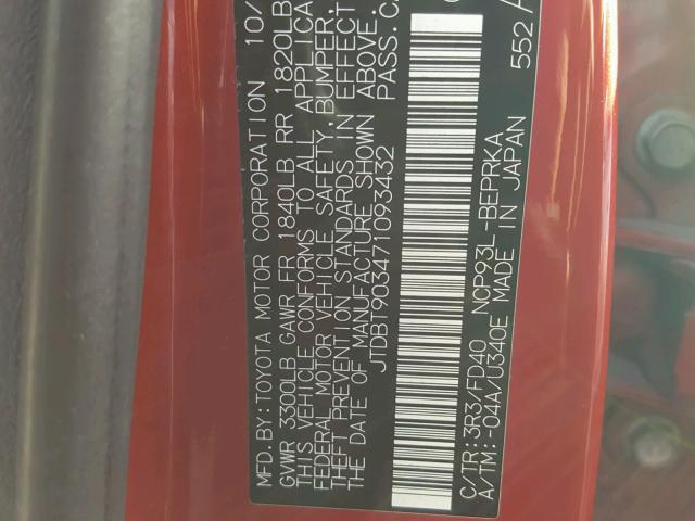 JTDBT903471093432 - 2007 TOYOTA YARIS RED photo 10