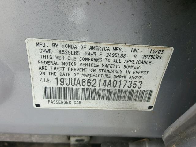 19UUA66214A017353 - 2004 ACURA TL SILVER photo 10