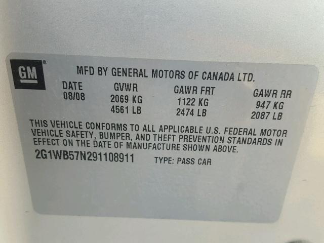 2G1WB57N291108911 - 2009 CHEVROLET IMPALA LS SILVER photo 10