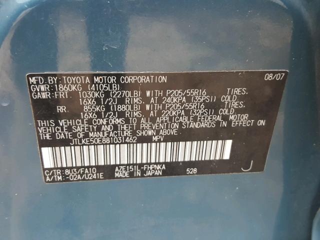 JTLKE50E881031462 - 2008 TOYOTA SCION XB TURQUOISE photo 10