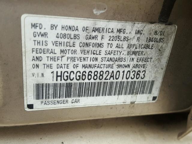 1HGCG66882A010363 - 2002 HONDA ACCORD EX GOLD photo 10