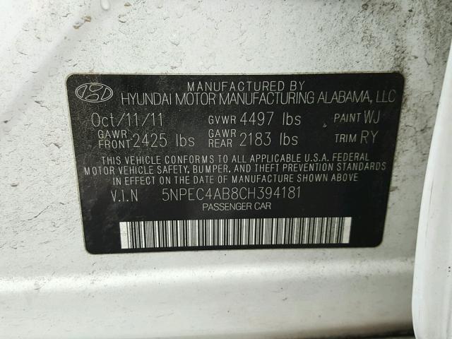 5NPEC4AB8CH394181 - 2012 HYUNDAI SONATA SE WHITE photo 10