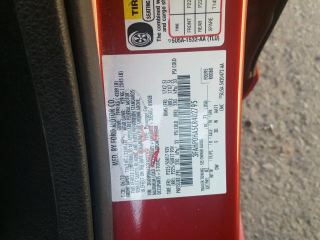 3FAHP0HA5CR402795 - 2012 FORD FUSION SE RED photo 10