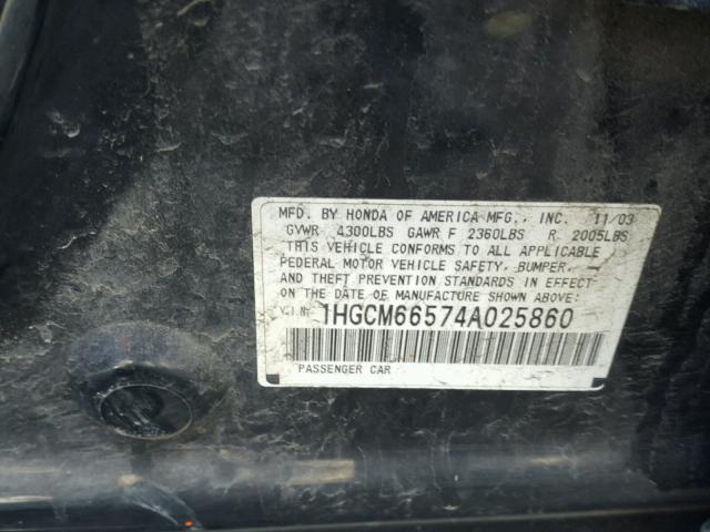 1HGCM66574A025860 - 2004 HONDA ACCORD EX BLACK photo 10