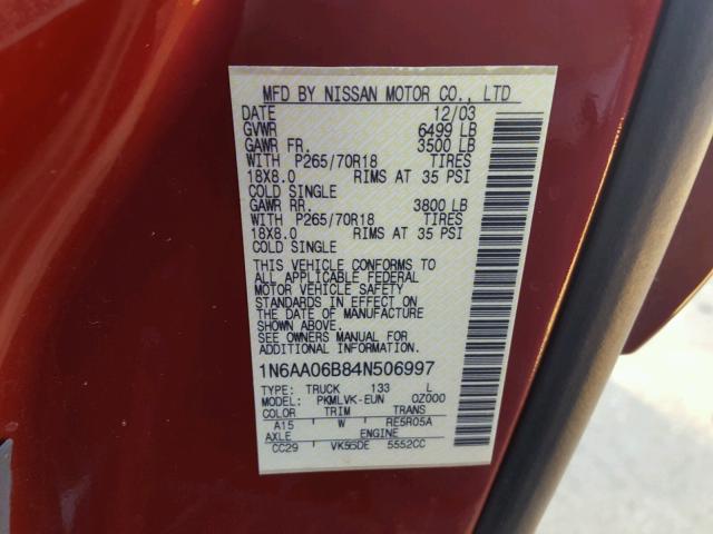 1N6AA06B84N506997 - 2004 NISSAN TITAN XE RED photo 10