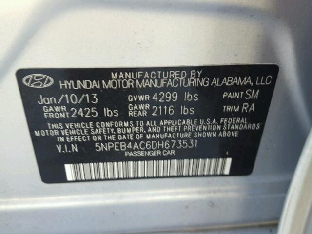 5NPEB4AC6DH673531 - 2013 HYUNDAI SONATA GLS SILVER photo 10