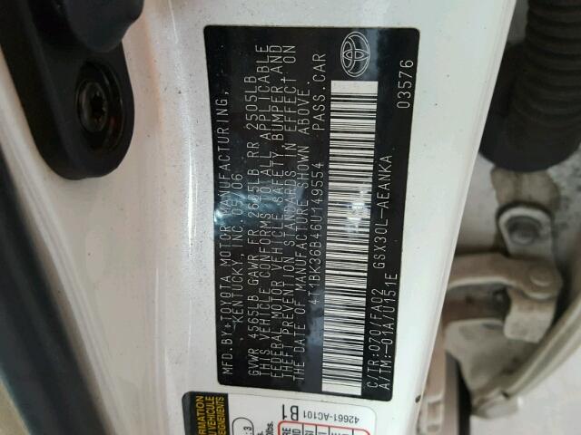 4T1BK36B46U149554 - 2006 TOYOTA AVALON XL WHITE photo 10