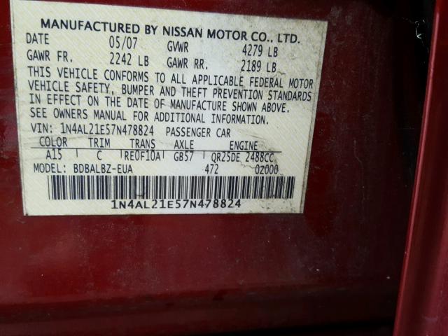 1N4AL21E57N478824 - 2007 NISSAN ALTIMA 2.5 BURGUNDY photo 10