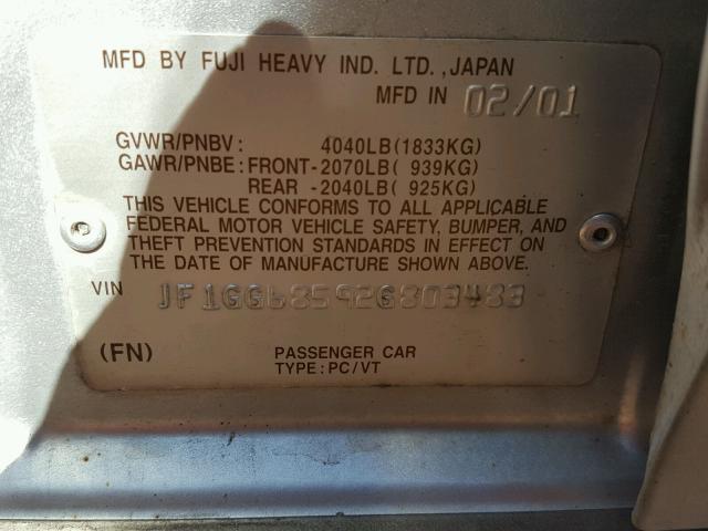 JF1GG68592G803483 - 2002 SUBARU IMPREZA OU SILVER photo 10