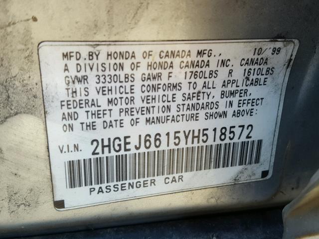 2HGEJ6615YH518572 - 2000 HONDA CIVIC BASE SILVER photo 10