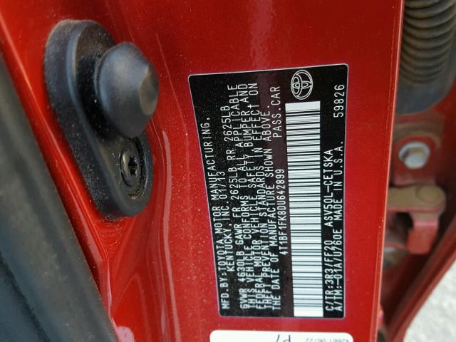 4T1BF1FK8DU642899 - 2013 TOYOTA CAMRY L RED photo 10