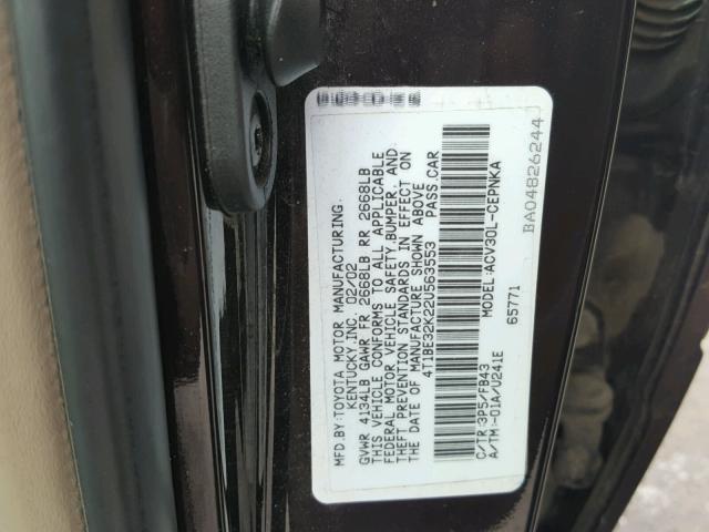 4T1BE32K22U563553 - 2002 TOYOTA CAMRY LE შავი ფოტო 10