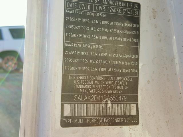 SALAK2D41BA550479 - 2011 LAND ROVER LR4 HSE LU WHITE photo 10