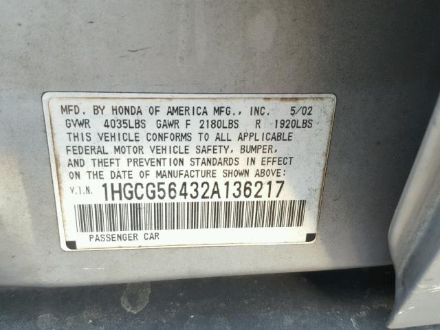 1HGCG56432A136217 - 2002 HONDA ACCORD LX SILVER photo 10