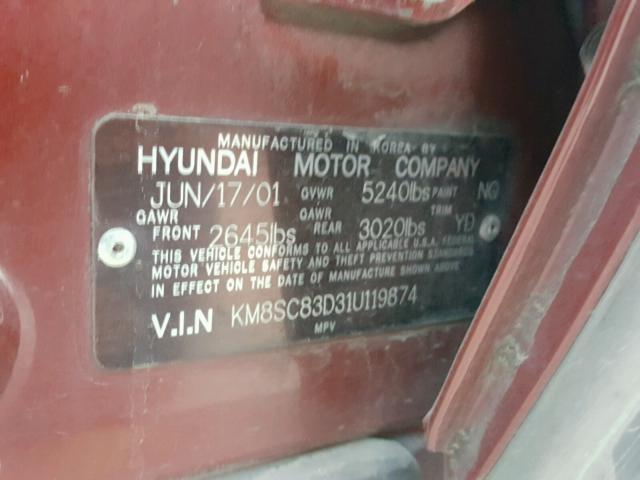 KM8SC83D31U119874 - 2001 HYUNDAI SANTA FE G BURGUNDY photo 10