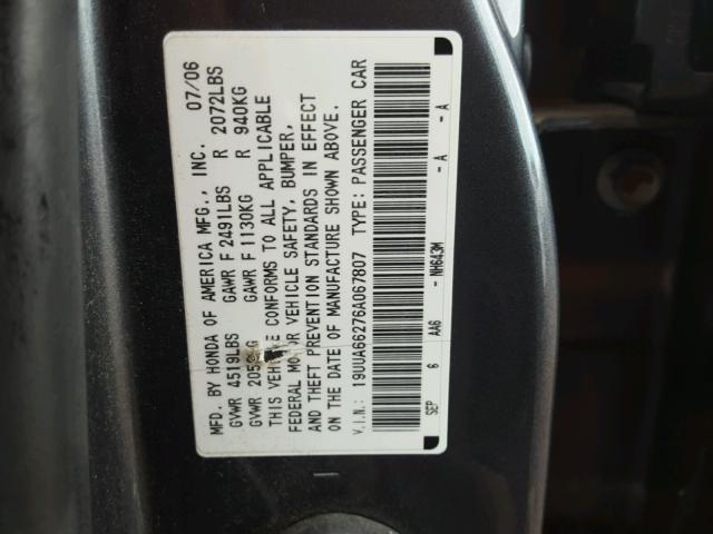 19UUA66276A067807 - 2006 ACURA 3.2TL GRAY photo 10