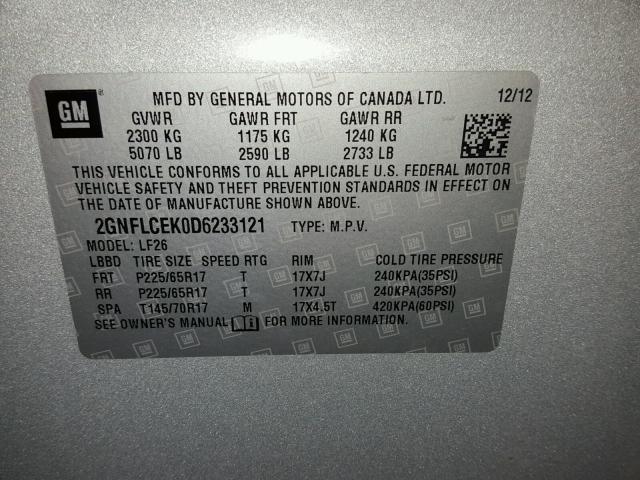 2GNFLCEK0D6233121 - 2013 CHEVROLET EQUINOX LS SILVER photo 10