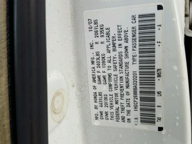 1HGCP26888A020201 - 2008 HONDA ACCORD EXL WHITE photo 10