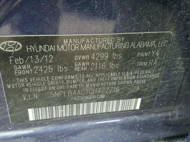 5NPEB4AC1CH472716 - 2012 HYUNDAI SONATA GLS BLUE photo 10