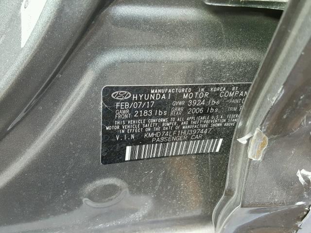 KMHD74LF1HU397447 - 2017 HYUNDAI ELANTRA SE GRAY photo 10