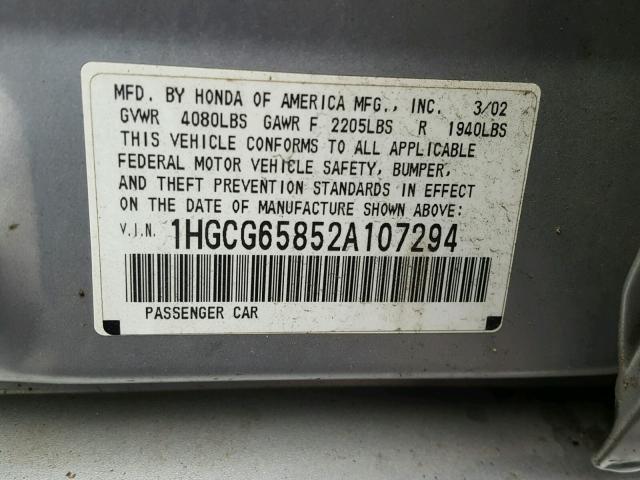 1HGCG65852A107294 - 2002 HONDA ACCORD EX GRAY photo 10