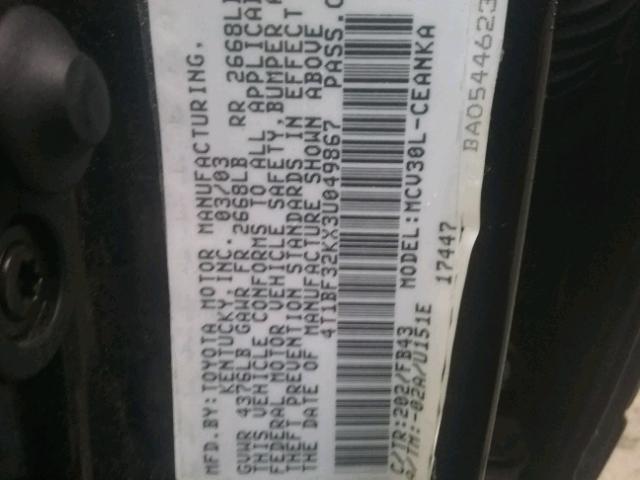 4T1BF32KX3U049867 - 2003 TOYOTA CAMRY LE 黑色 照片 10