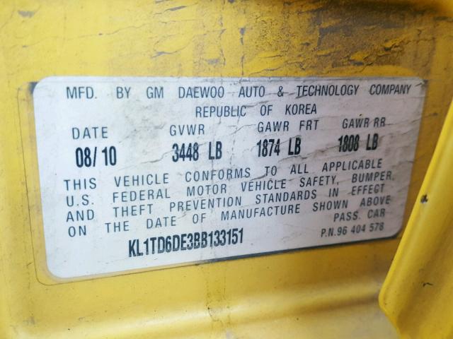 KL1TD6DE3BB133151 - 2011 CHEVROLET AVEO LS 黄色 照片 10