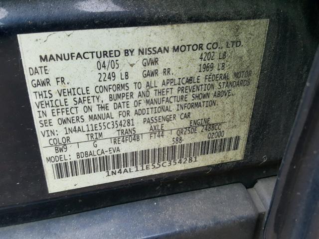 1N4AL11E55C354281 - 2005 NISSAN ALTIMA S BLUE photo 10