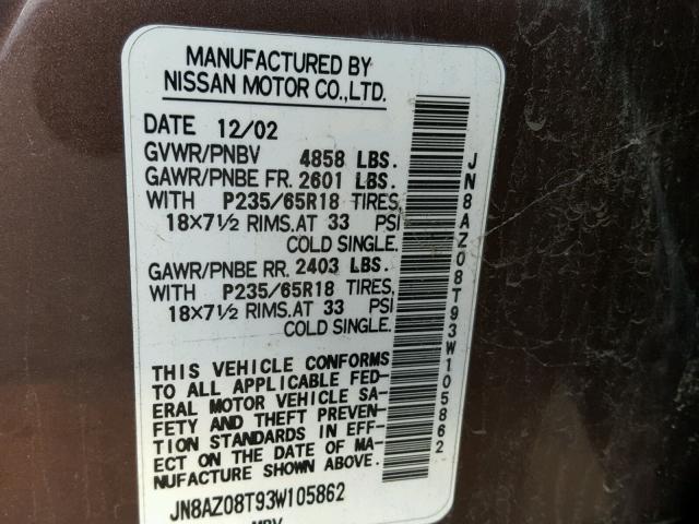 JN8AZ08T93W105862 - 2003 NISSAN MURANO SL BROWN photo 10