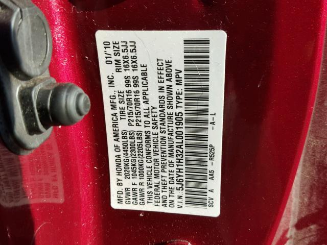 5J6YH1H32AL001905 - 2010 HONDA ELEMENT LX RED photo 10