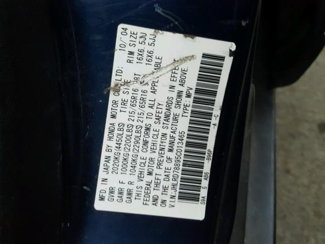 JHLRD78895C013465 - 2005 HONDA CR-V EX ლურჯი ფოტო 10