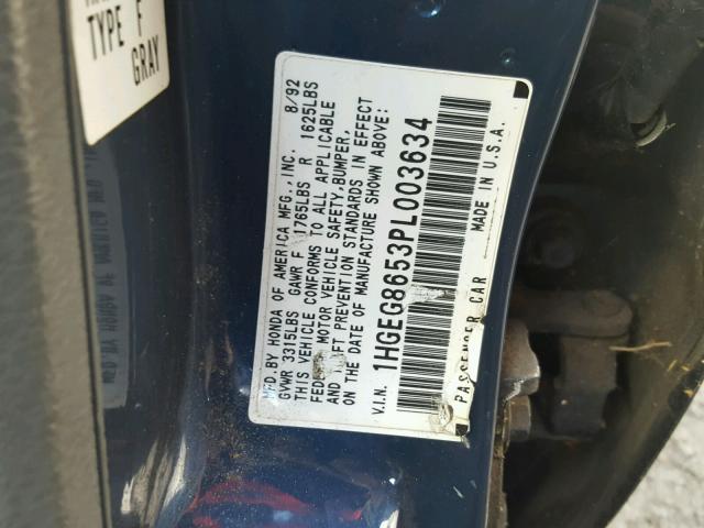 1HGEG8653PL003634 - 1993 HONDA CIVIC LX BLUE photo 10