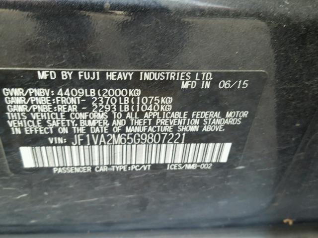 JF1VA2M65G9807221 - 2016 SUBARU WRX STI GRAY photo 10