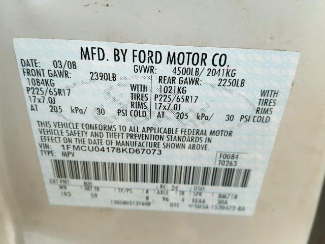 1FMCU04178KD67073 - 2008 FORD ESCAPE LIM CREAM photo 10