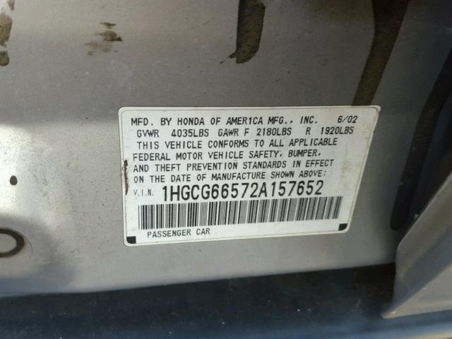 1HGCG66572A157652 - 2002 HONDA ACCORD LX SILVER photo 10