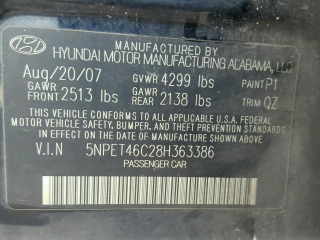 5NPET46C28H363386 - 2008 HYUNDAI SONATA GLS BLUE photo 10